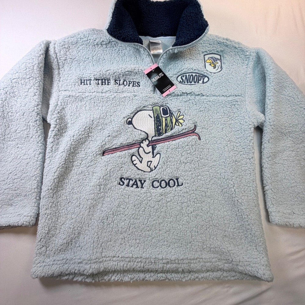 Peanuts Snoopy Sherpa Pullover Womens Small Blue Hit The Slopes Ski 1/4 Zip